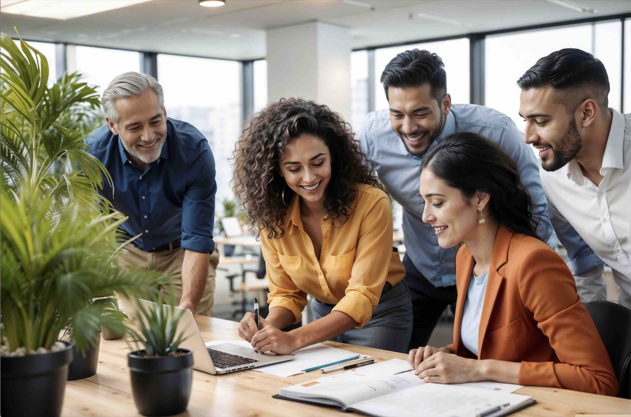 A team collaborating in a bright office