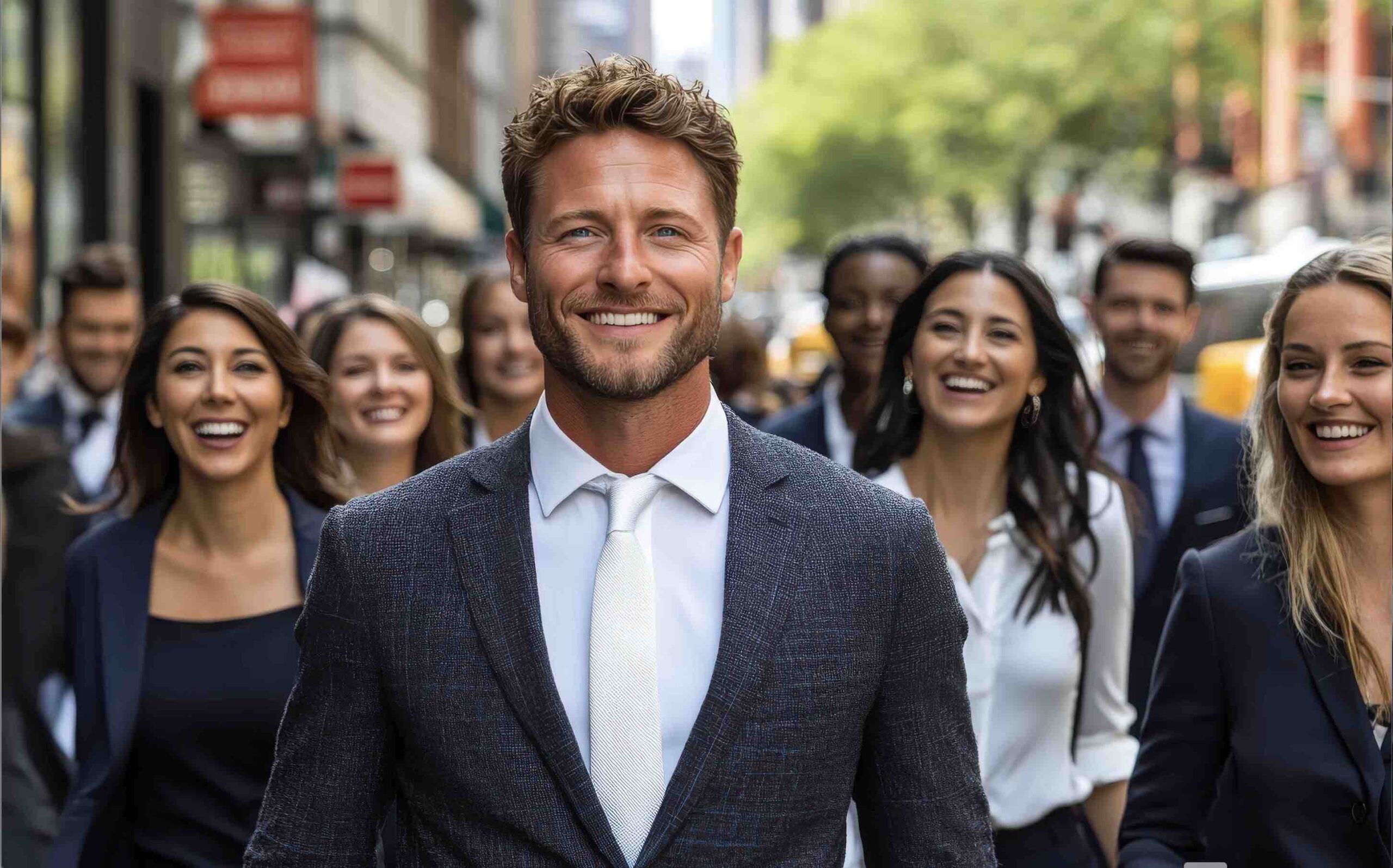 People walking together through a busy city street
