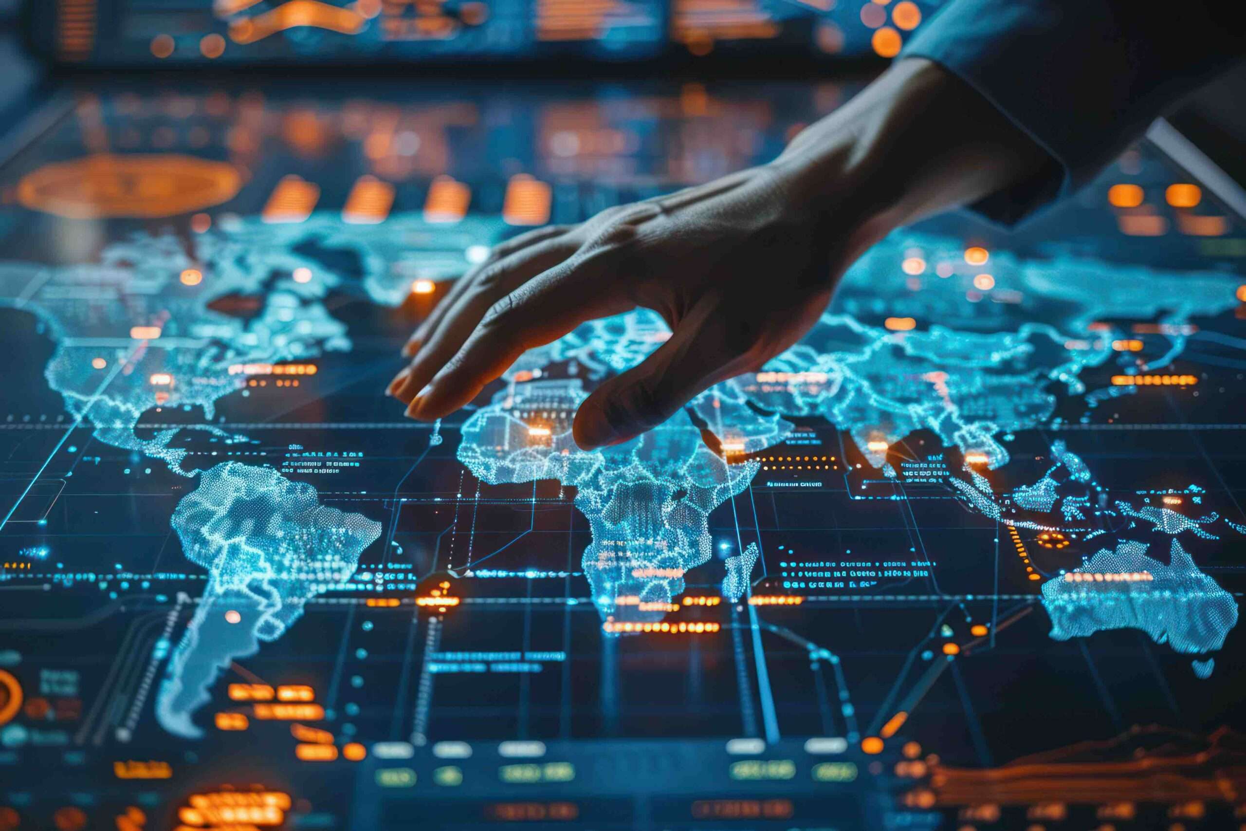 A hand navigating a glowing display of global health data