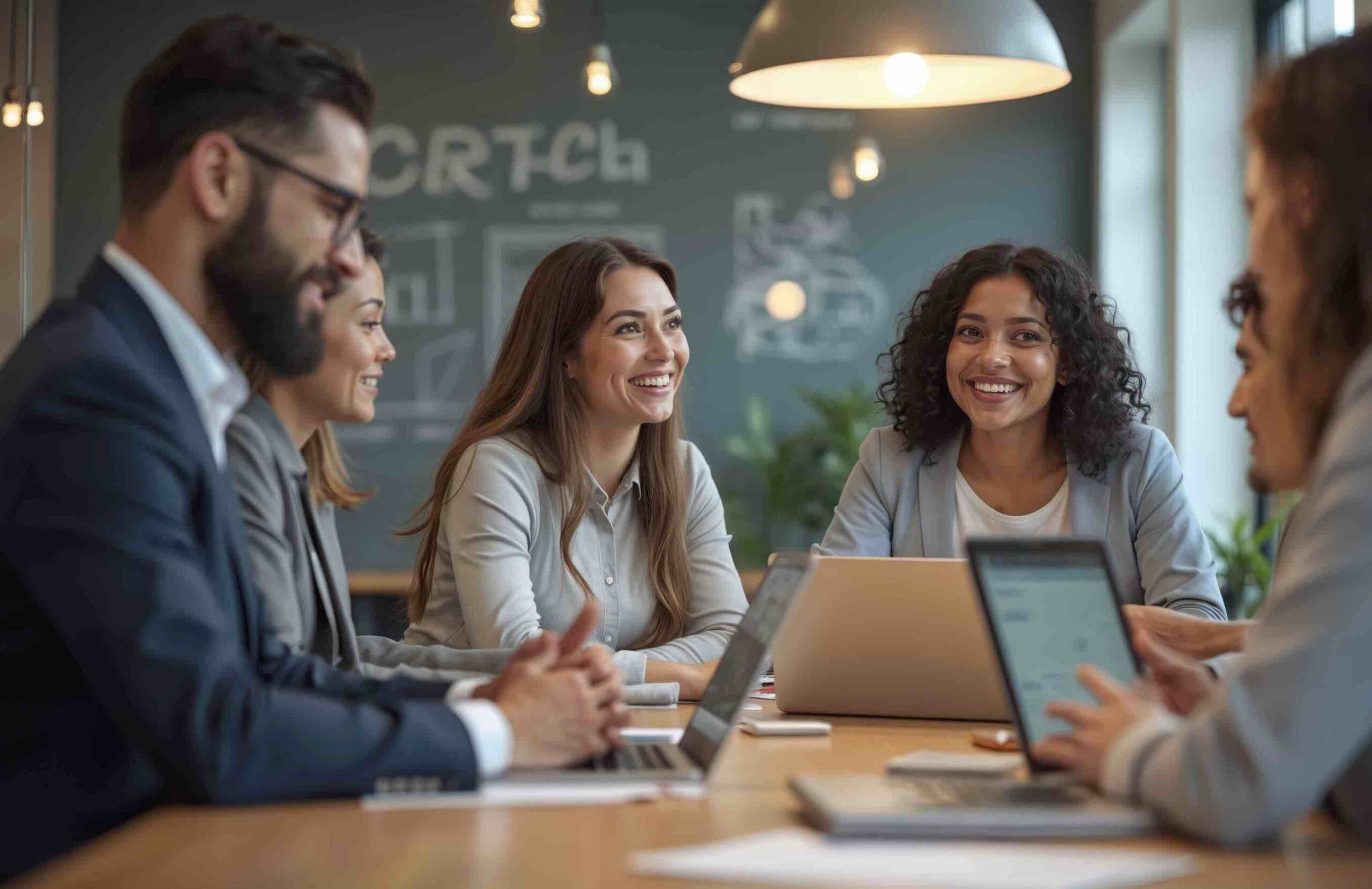 Colleagues talking together in a bright workplace