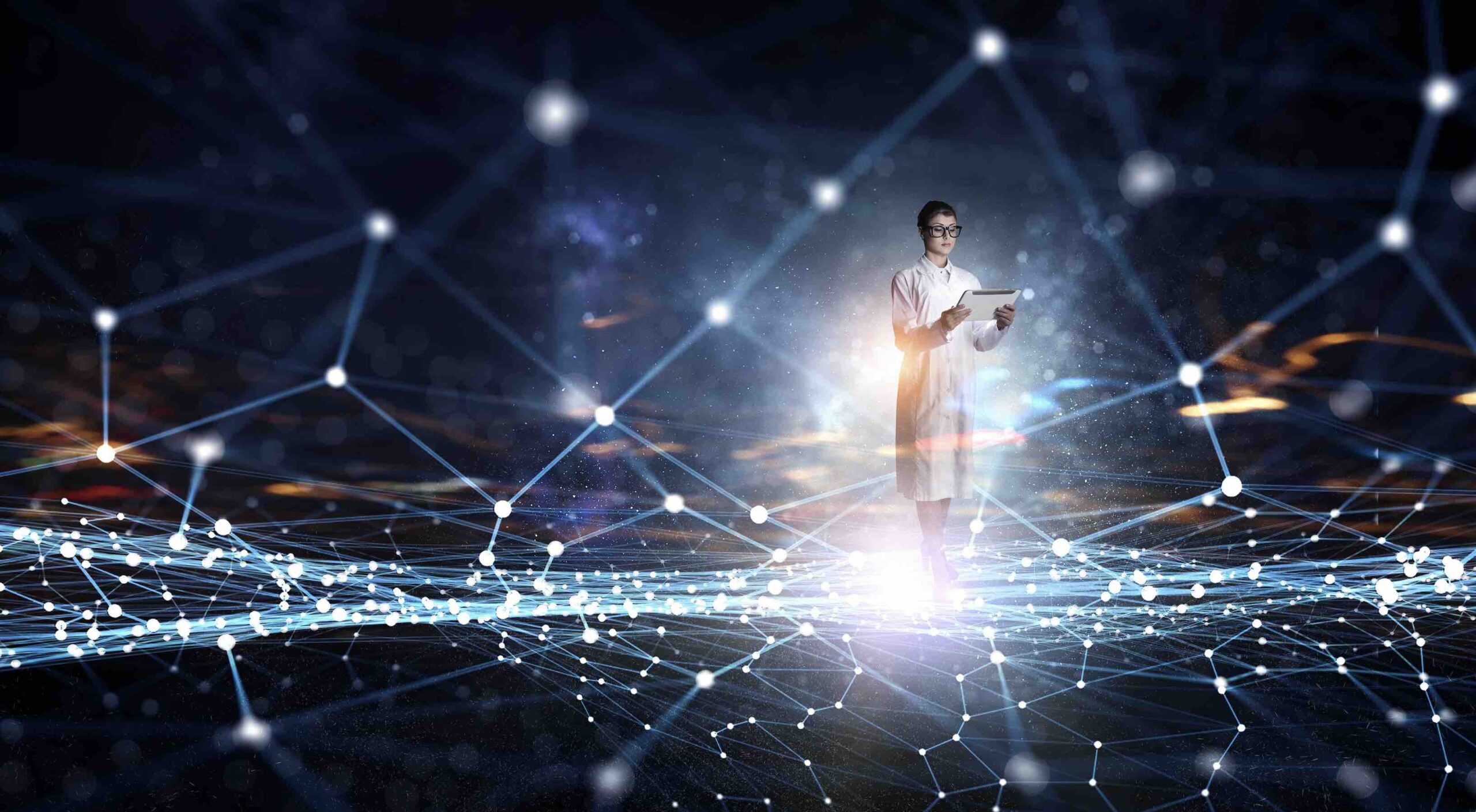 Health professional working with an AI-powered data network overlay