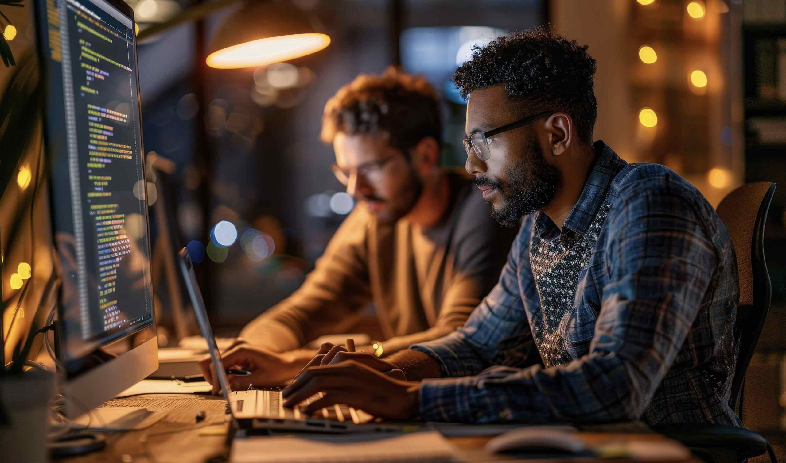 Two engineers working at screens of code in a darkened office