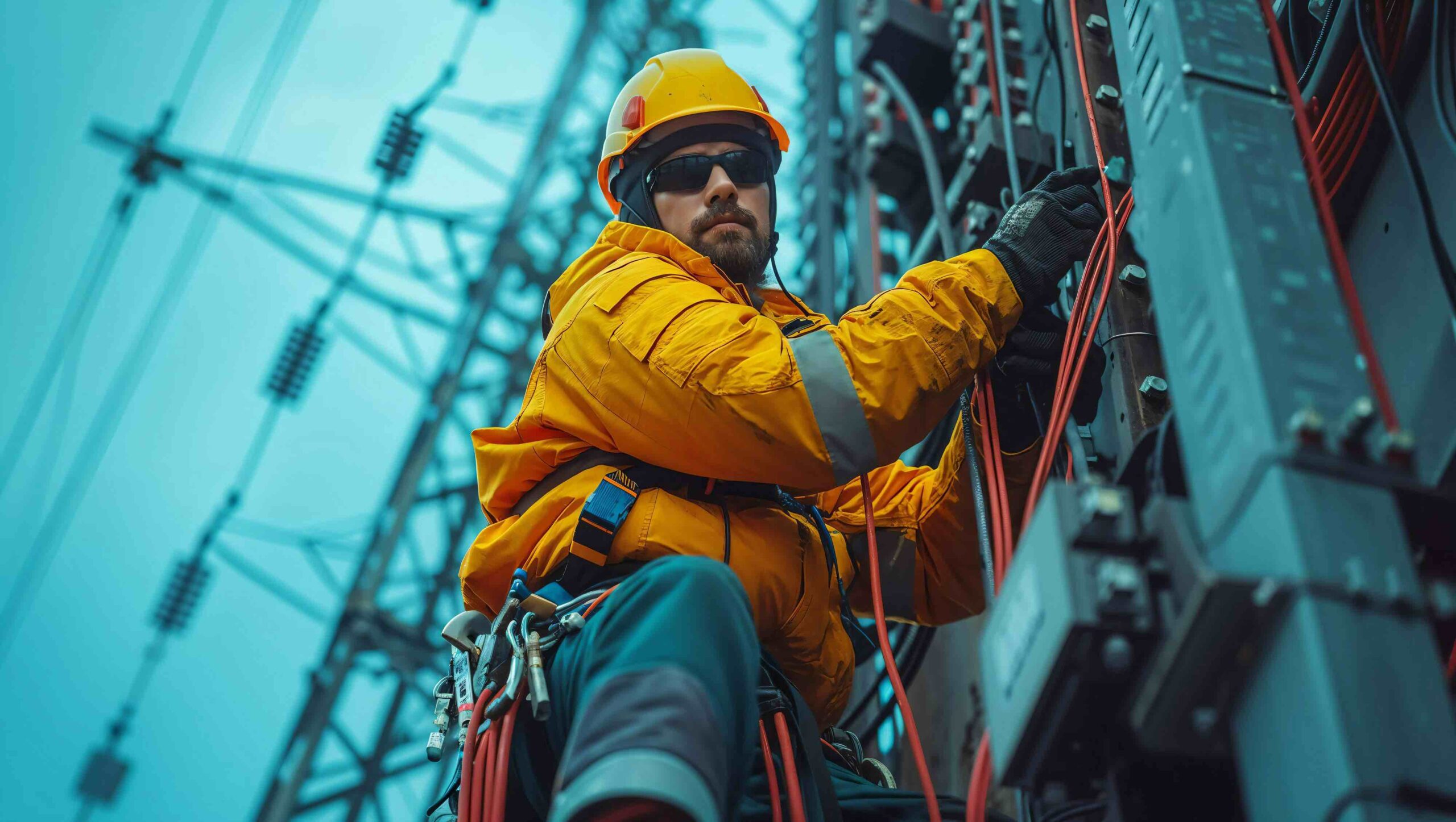 A utility worker at the top of a power pole