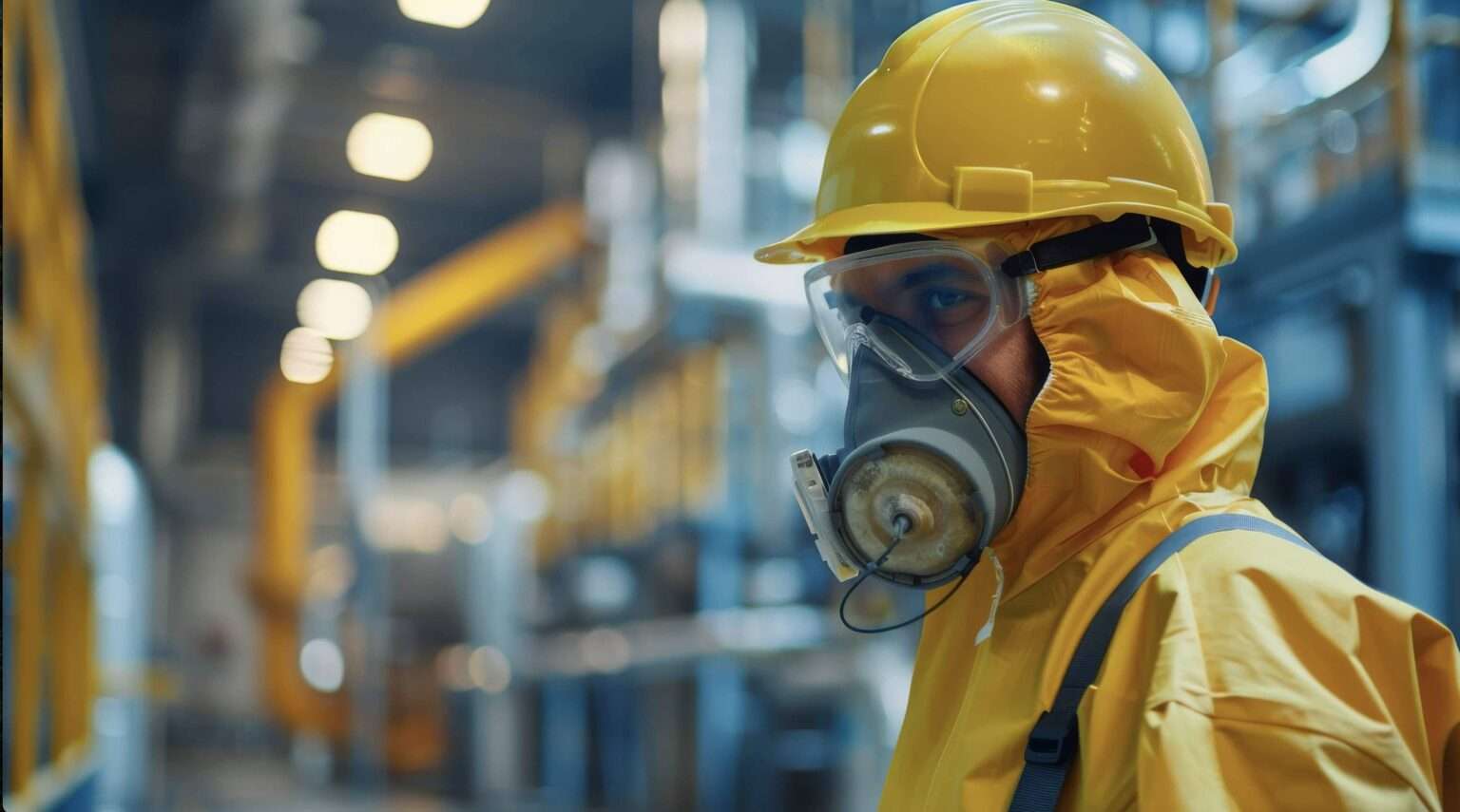 A factory worker wearing protective equipment
